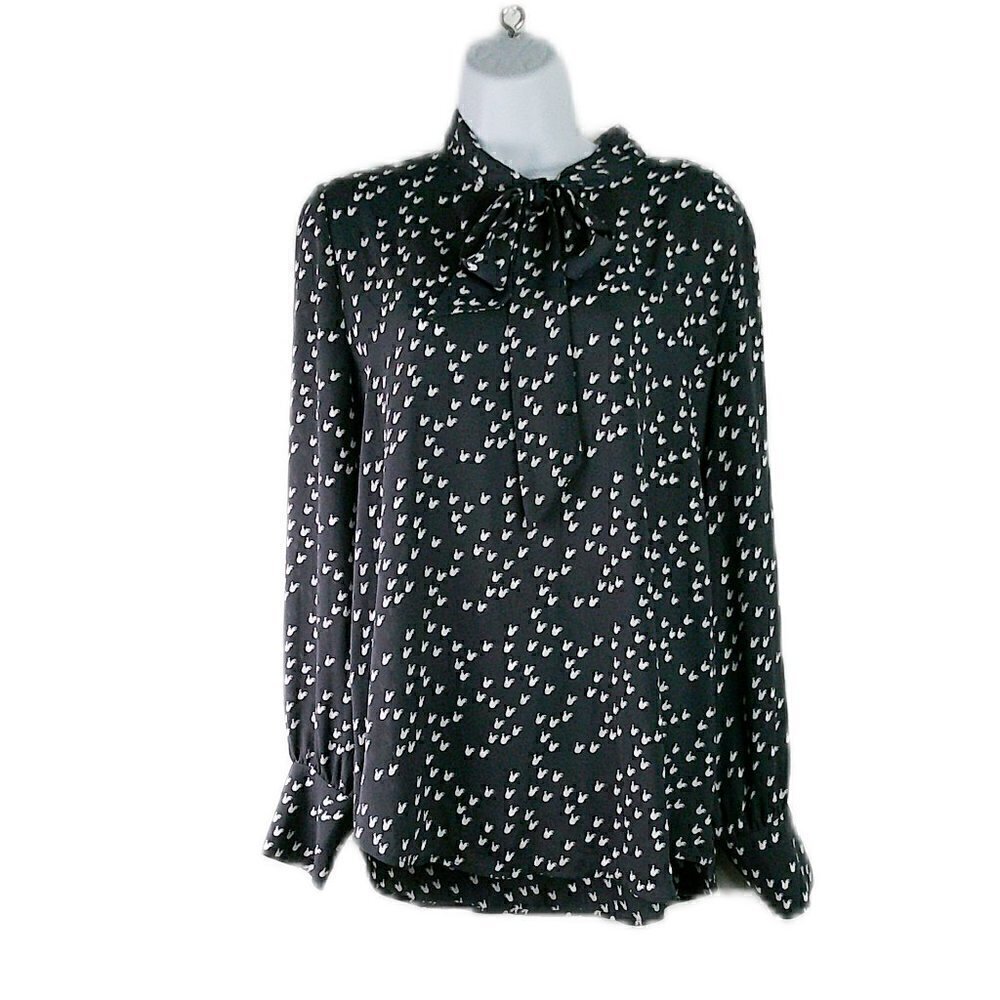 LOFT - Long Sleeve Fussy Bow Grey/White Blouse - Medium